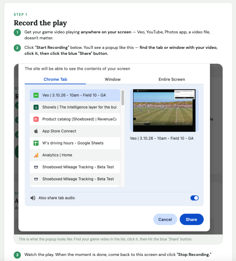 Recording page with Start Recording button